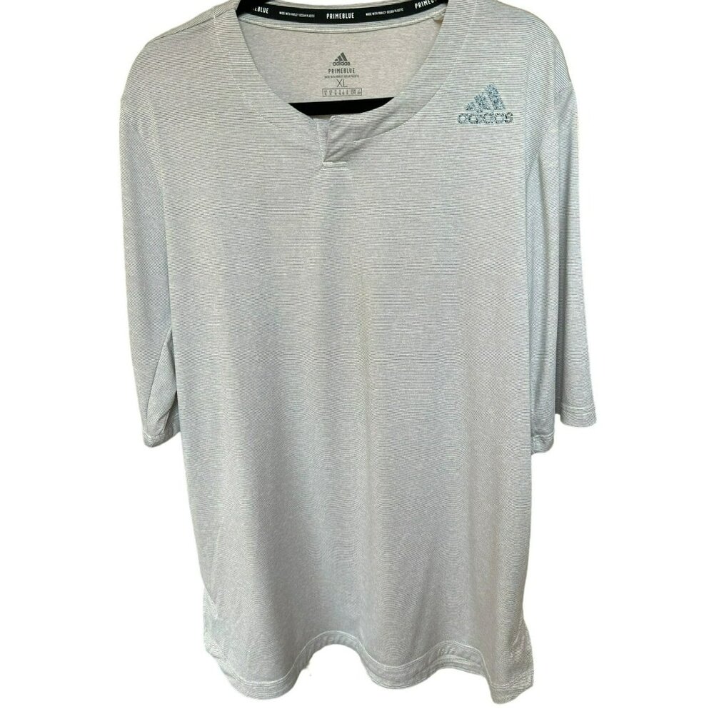 Adidas Men's Off White Gray Striped Collarless Pull Over Shirt Size XL Primeblue